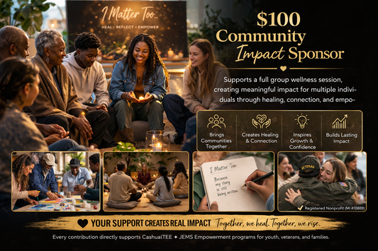 Promotional image for a community impact sponsor program with people sitting together and text about support and impact.