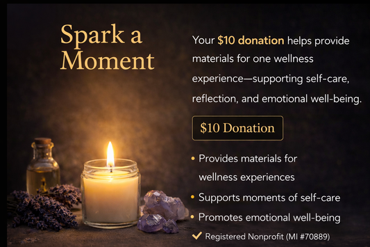 Candlelit scene with lavender and crystals, promoting a wellness donation initiative.