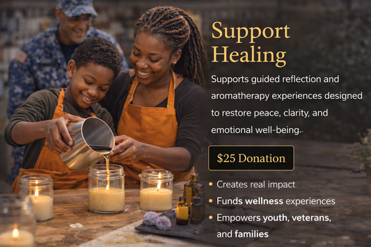 Woman and child pouring liquid into candles with text about supporting healing and donation.