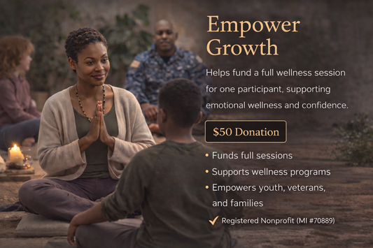 Woman leading a wellness session with text about empowerment and growth donation.