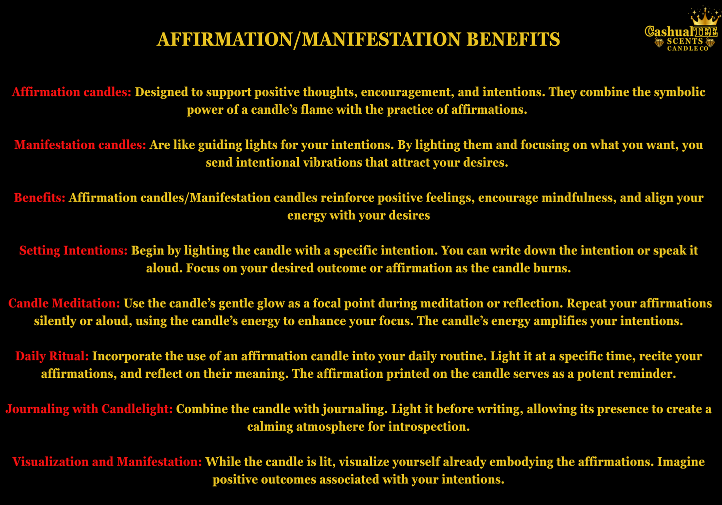 Text detailing the benefits of affirmation and manifestation candles on a black background with gold accents.