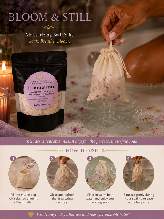Bloom & Still moisturizing bath salts shown in a black resealable pouch and a reusable drawstring muslin bag held by a hand, with a four-step how-to panel below on a spa-like background.