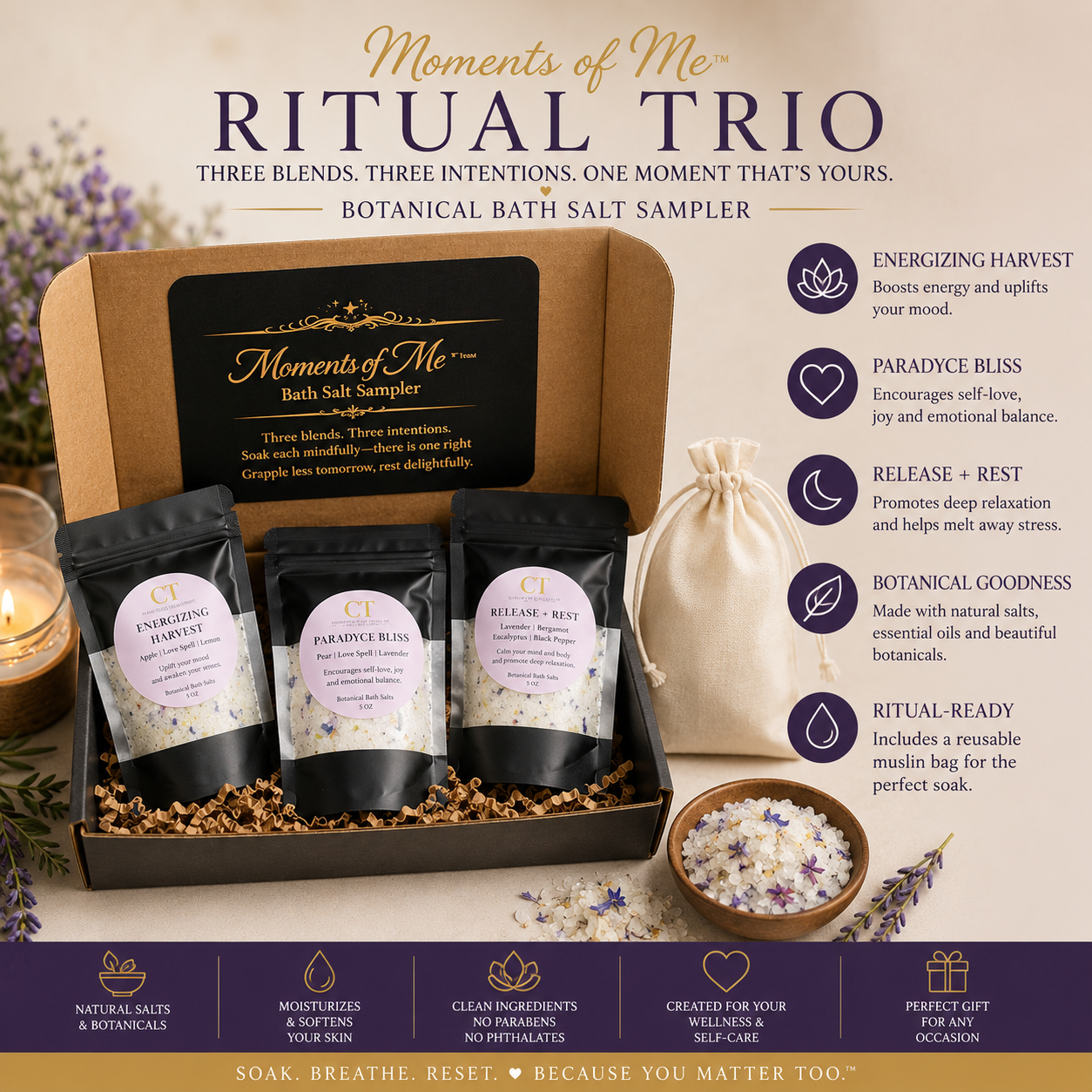 A boxed bath salt sampler set labeled Moments of Me Ritual Trio, shown open with three sachets inside a black gift box. The set includes product packaging, a small bowl of bath salts, dried botanicals, and descriptive callouts on a white background with purple decorative accents.