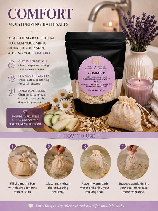 Comfort Moisturizing Bath Salts product display with a black tub, lavender bundle, cotton muslin bags, bath salts, and instructional steps on a purple background.