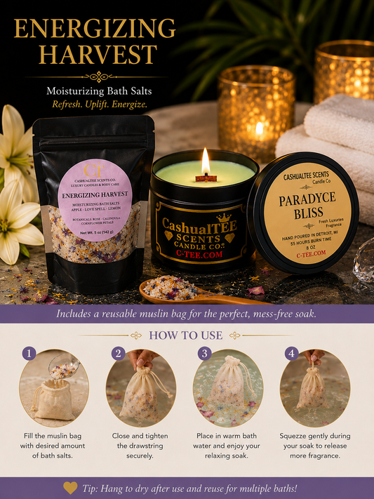 Promotional graphic for Energizing Harvest moisturizing bath salts by Cashuaittee Scents and C.Tee, showing a black pouch of bath salts, a lit candle, and a Paradyce Bliss candle jar, with a how-to-use section below.