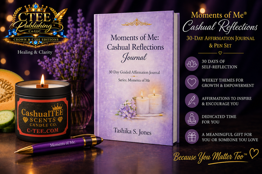 A promotional product layout for the 'Moments of Me: Cashual Reflections Journal' by Tashima S. Jones, published by Ctee Publishing.