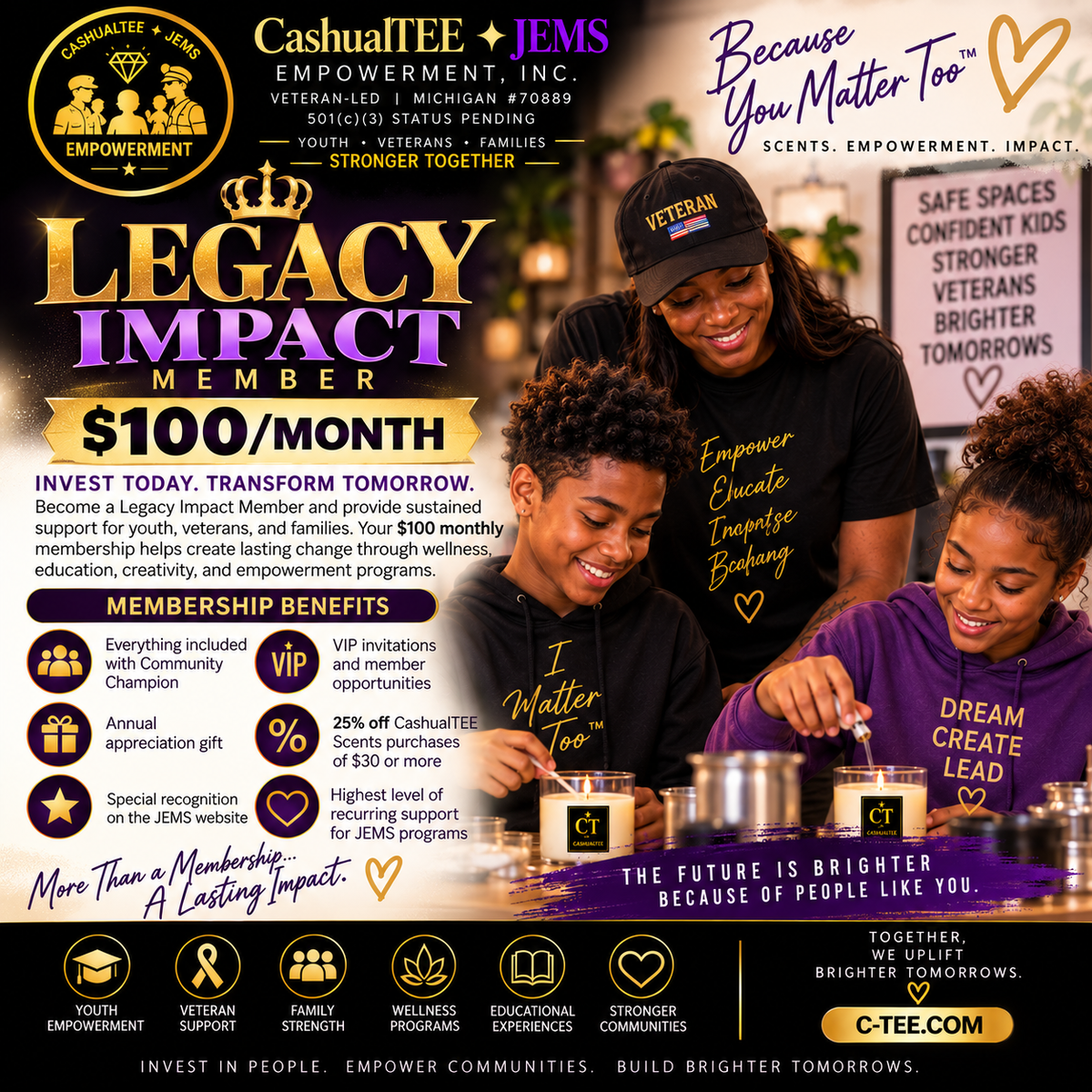 A promotional flyer for CashuTee & JEMS, featuring a man and a young girl playing chess at a table, with text overlays detailing membership benefits and company values.