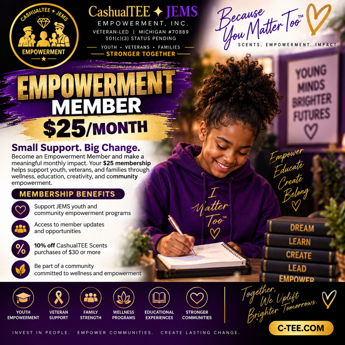 A promotional flyer for a 'CashualTee + JEMS' Young Empowerment Member at $25/month, featuring a young girl reading in a library with a book on her shoulder. The flyer includes text detailing the benefits of the membership, such as support for JEMS youth programs and a 10% discount on CashualTee Scents, alongside various icons and logos.