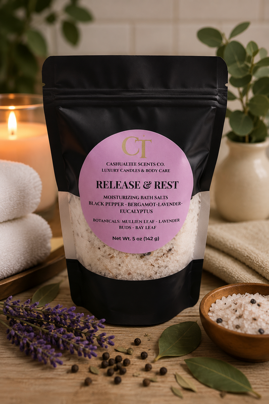 A black stand-up pouch of cashmere scents 'Release & Rest' bath salts, styled on a wooden surface with a lit candle, lavender sprigs, peppercorns, bay leaves, and a small bowl of the white bath salts.