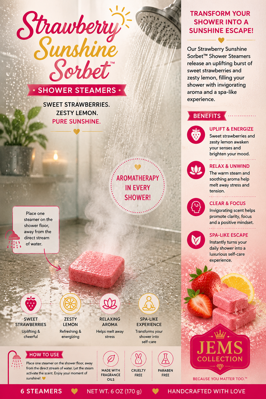 A promotional flyer for JEMS Collection Strawberry Sunshine Sorbet Shower Steamers, showing a pink steamer package, a close-up of the steam cloud, and various benefit and usage icons on a white background with a pink right sidebar.