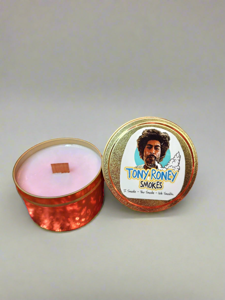 A candle with a label that says TONY RONEY SMOKES LAVENDER WOOD WICK ODOR ELIMINATOR CANDLE – Lavender_lemon