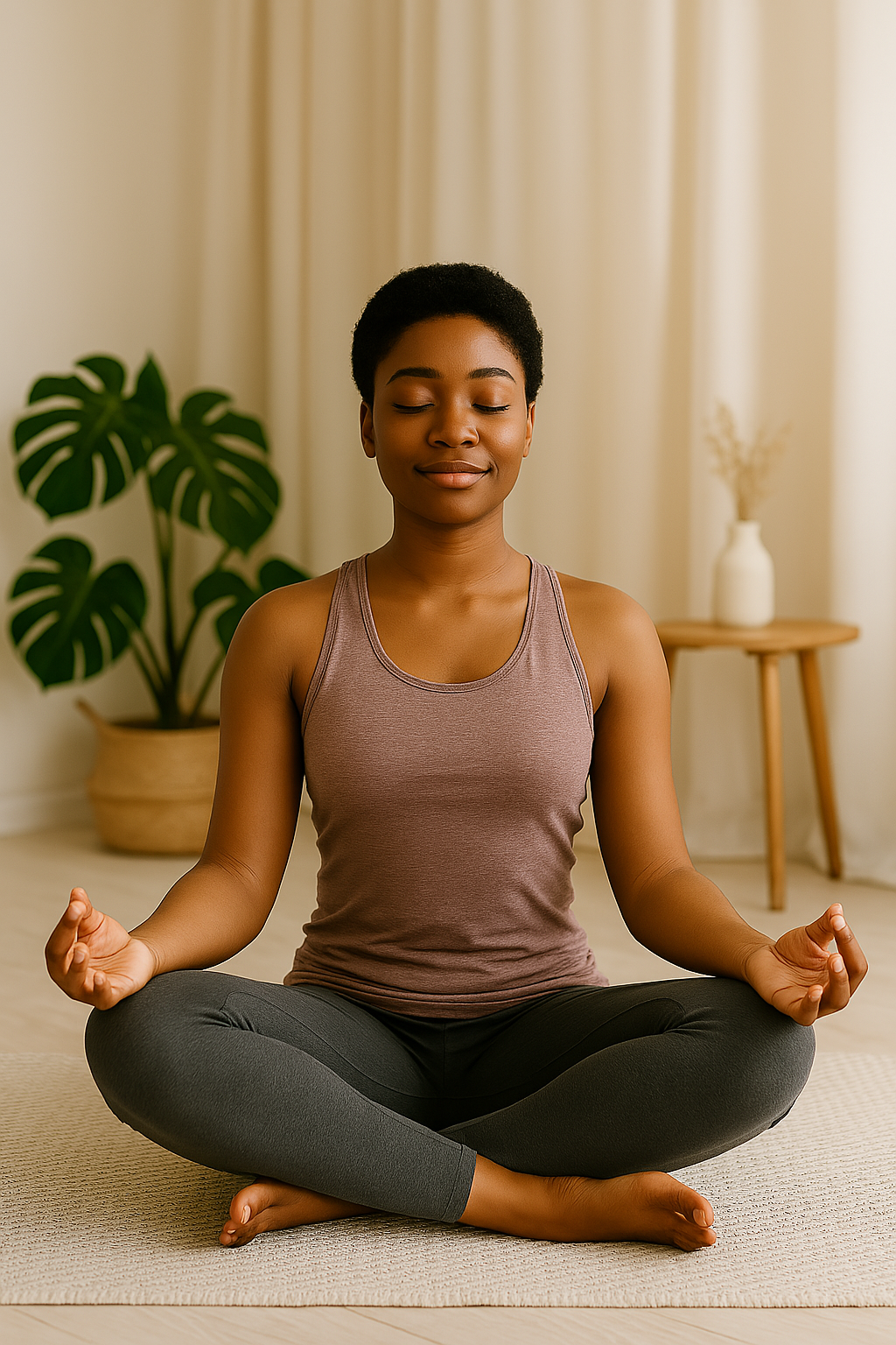 Woman meditating in a peaceful indoor setting with plants and a table.