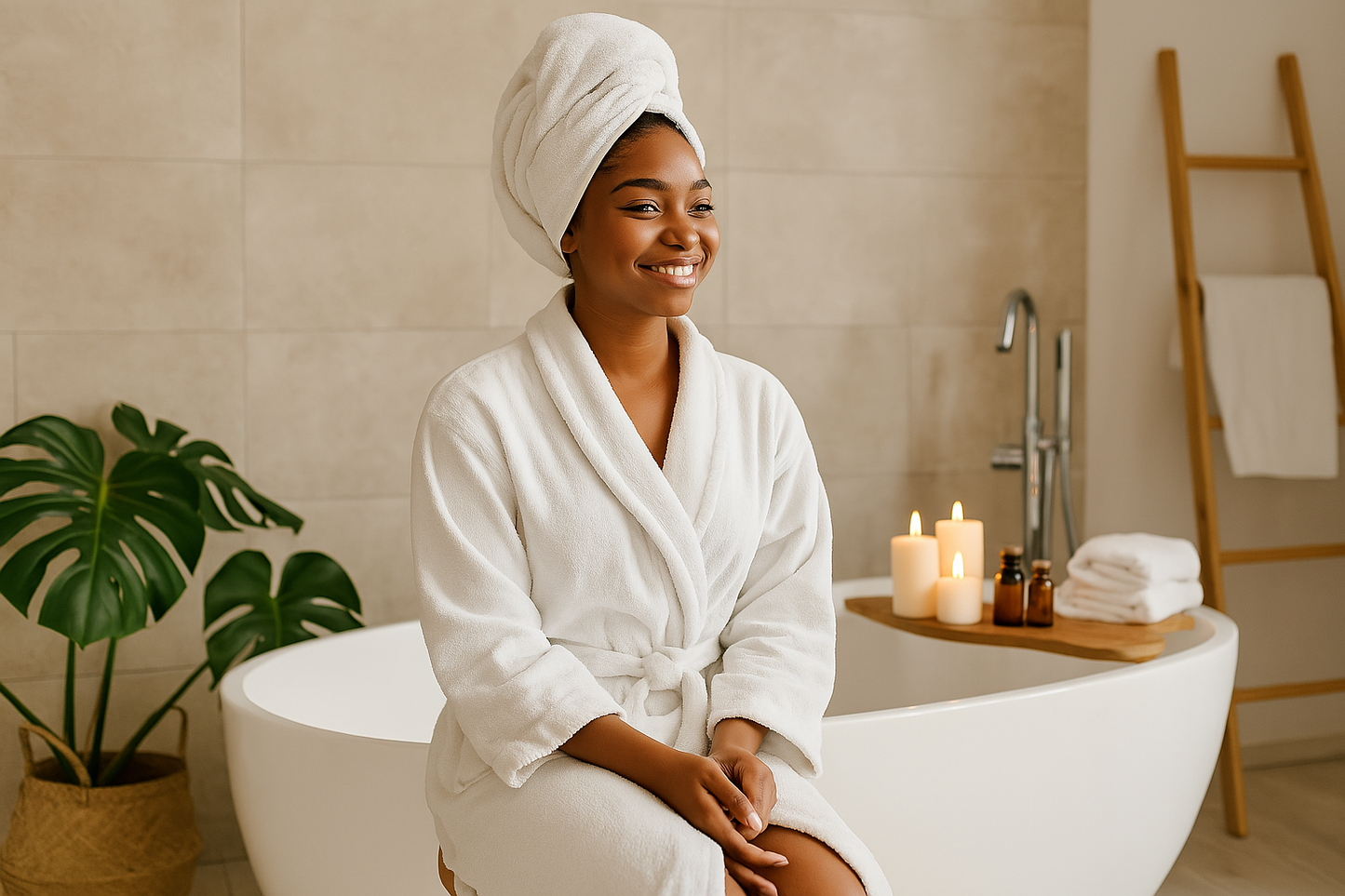 Woman in a white robe sitting by a bathtub with candles and plants in a bathroom.