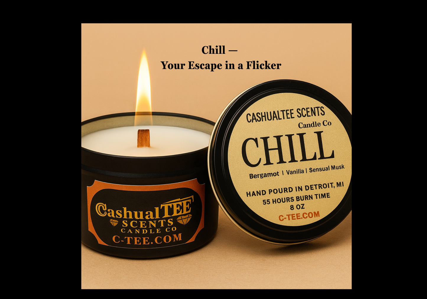 Candle with 'Cashualtee Scents' label and packaging on a beige background