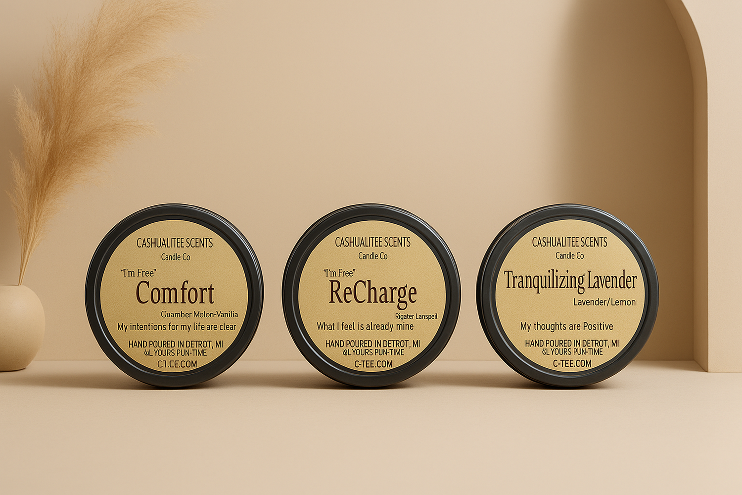Three affirmation candles—Comfort, ReCharge, and Tranquilizing Lavender—displayed on a beige surface with pampas grass and a curved archway, evoking calm, ritual, and luxury.
