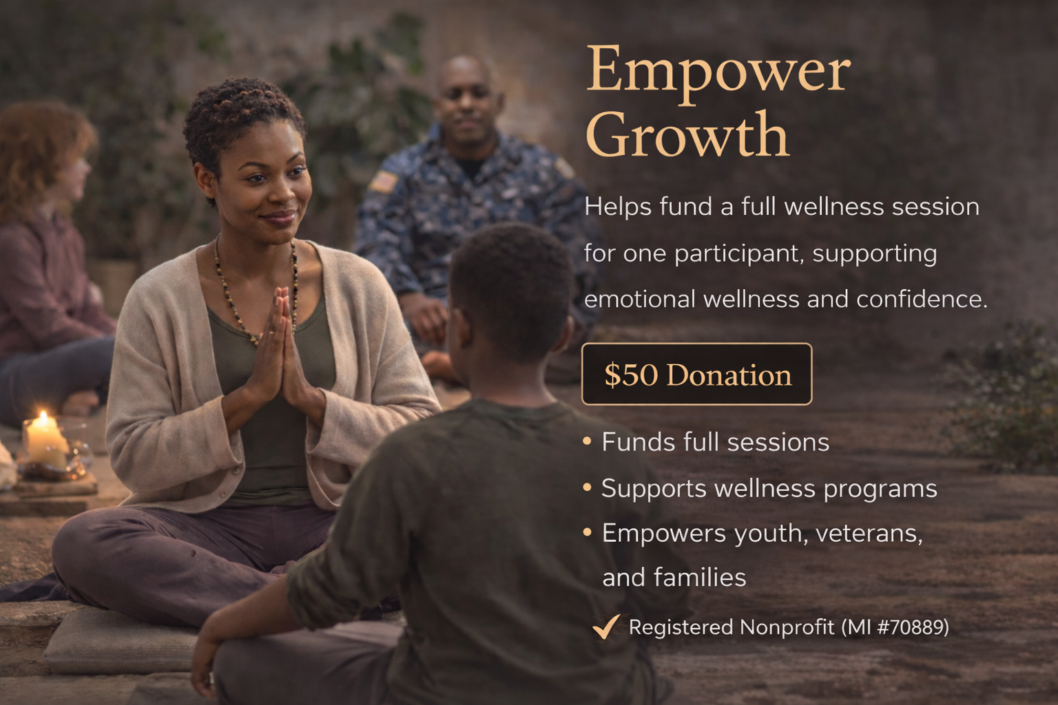 Woman leading a wellness session with text about empowerment and growth donation.