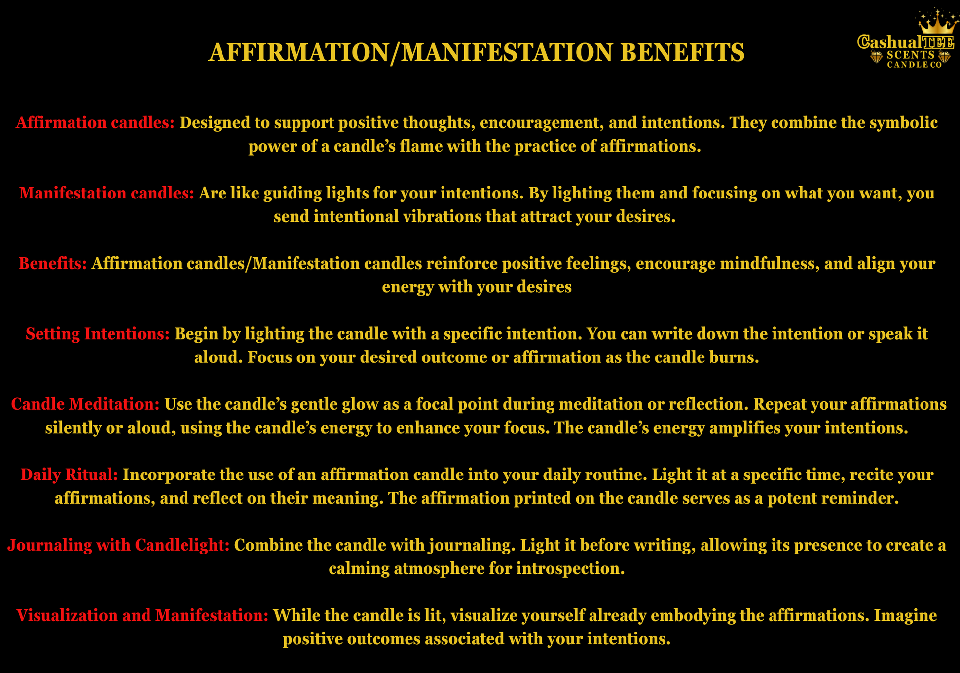 Text detailing the benefits of affirmation and manifestation candles on a black background with gold accents.