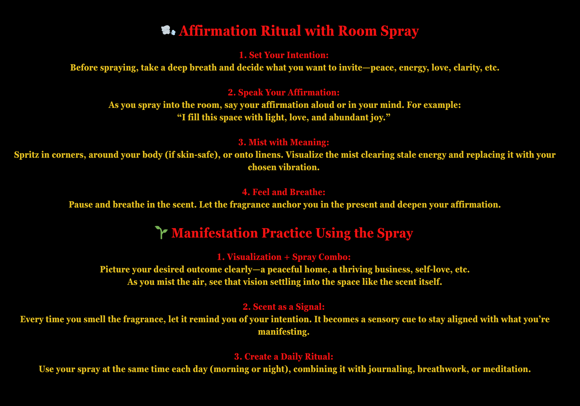 Instructions for an affirmation ritual with room spray on a black background