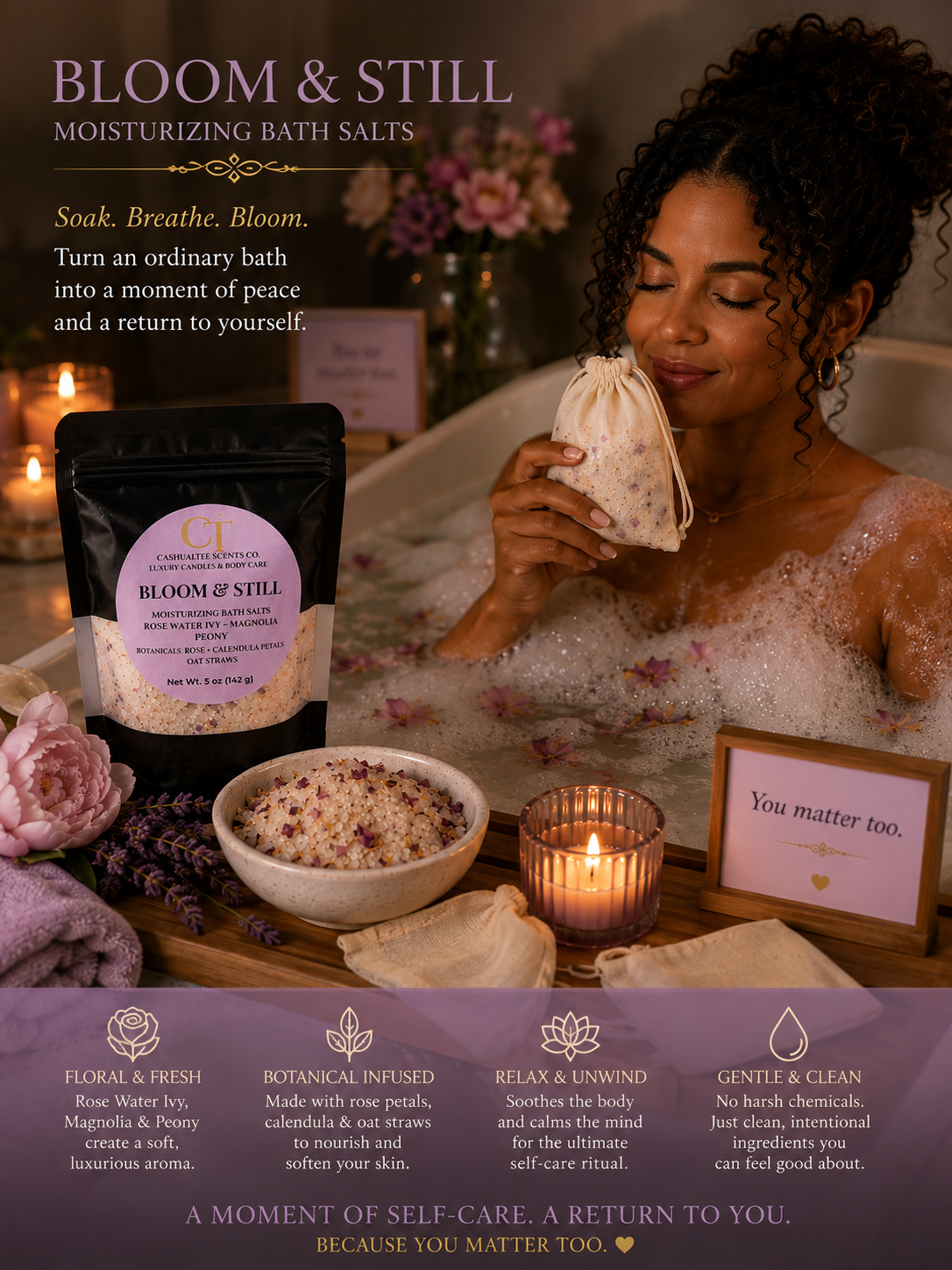 A woman in a bubble bath holds a drawstring pouch of Bloom & Still moisturizing bath salts, with a matching bag, bowl, and candles on a tray. The scene is styled with purple and warm tones, and text at the top and bottom describes the product and benefits.