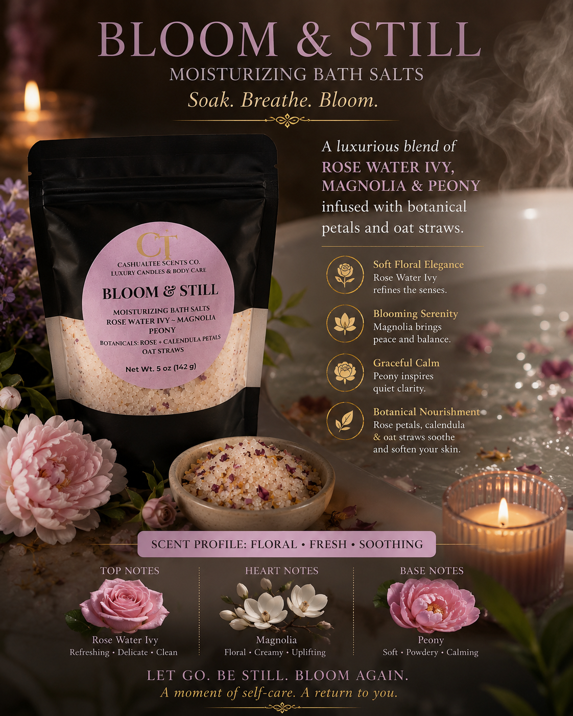 A product advertisement for 'Bloom & Still' moisturizing bath salts by Carvins. The image shows a black resealable pouch of the bath salts with a pink label, surrounded by pink roses, a small bowl of the salt mixture, and lit candles on a dark, atmospheric background with text detailing the scent profile and ingredients.