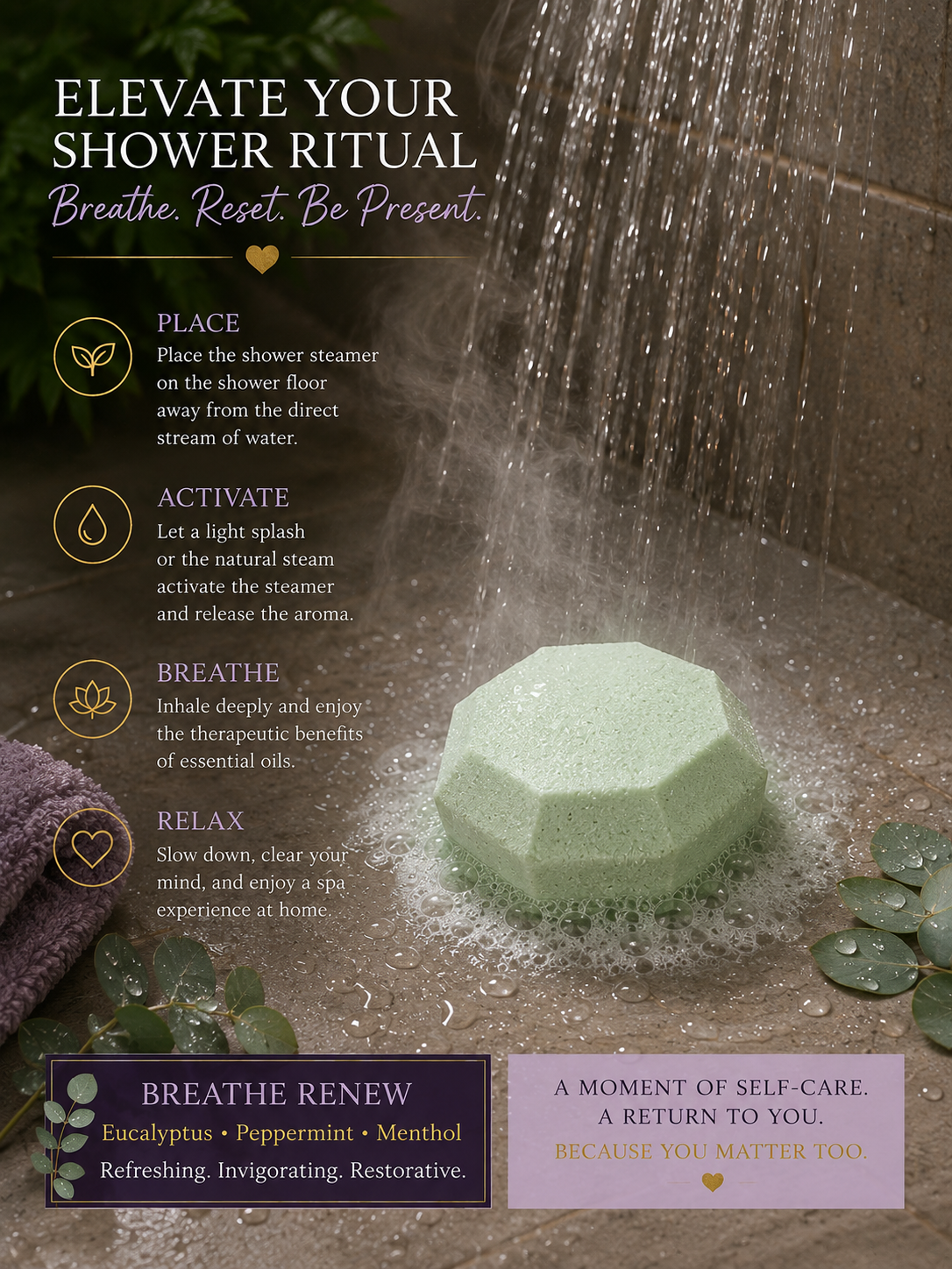 A square promotional graphic for a bath/spa product. A pale green faceted bath bomb sits under falling shower water with bubbles around it.