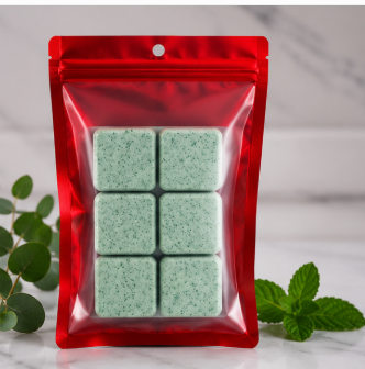 Six square light green speckled bath or body cubes inside a shiny red resealable pouch, photographed on a light marble surface with green leaves at the sides.