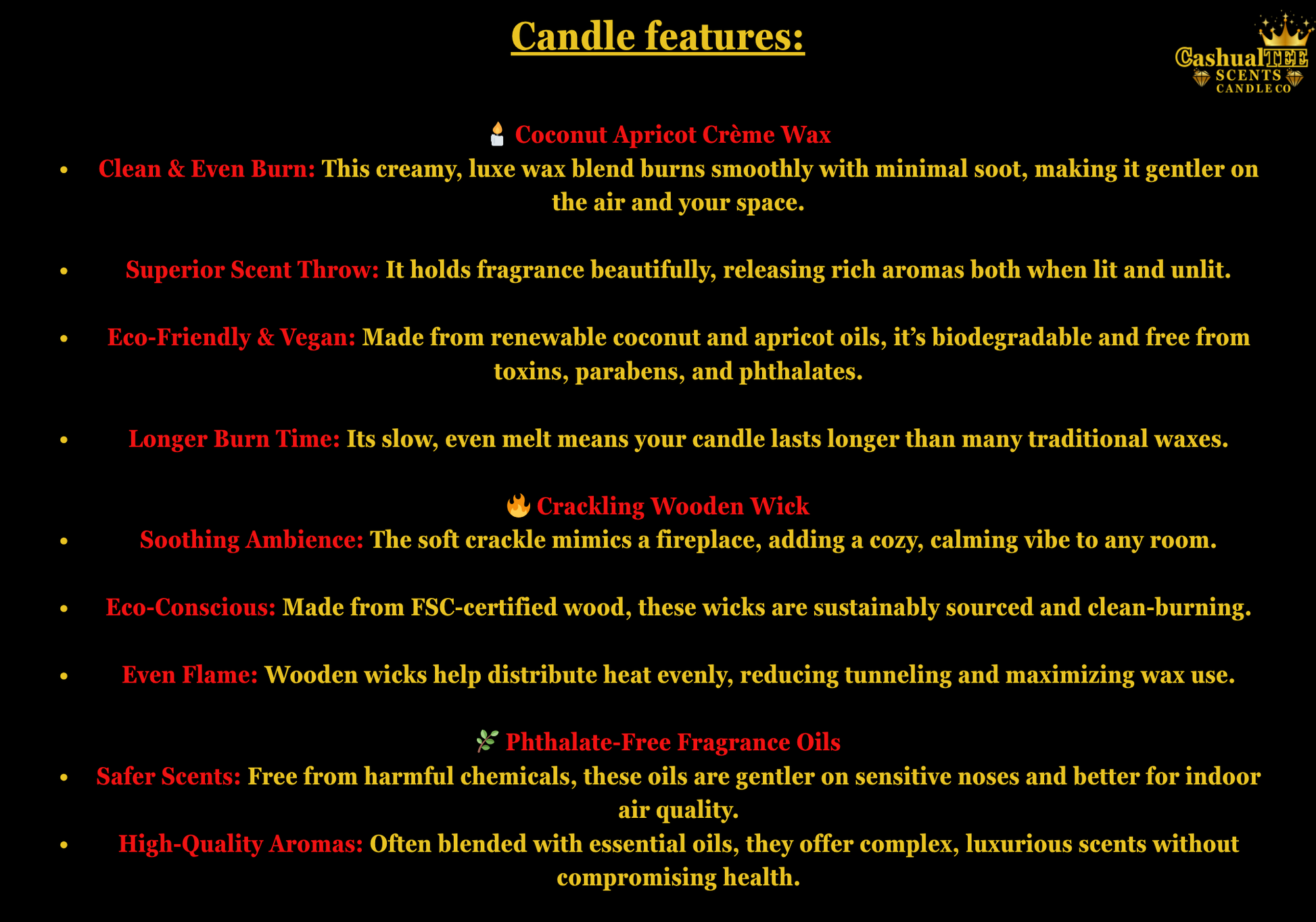 List of candle features with a black background and yellow text.