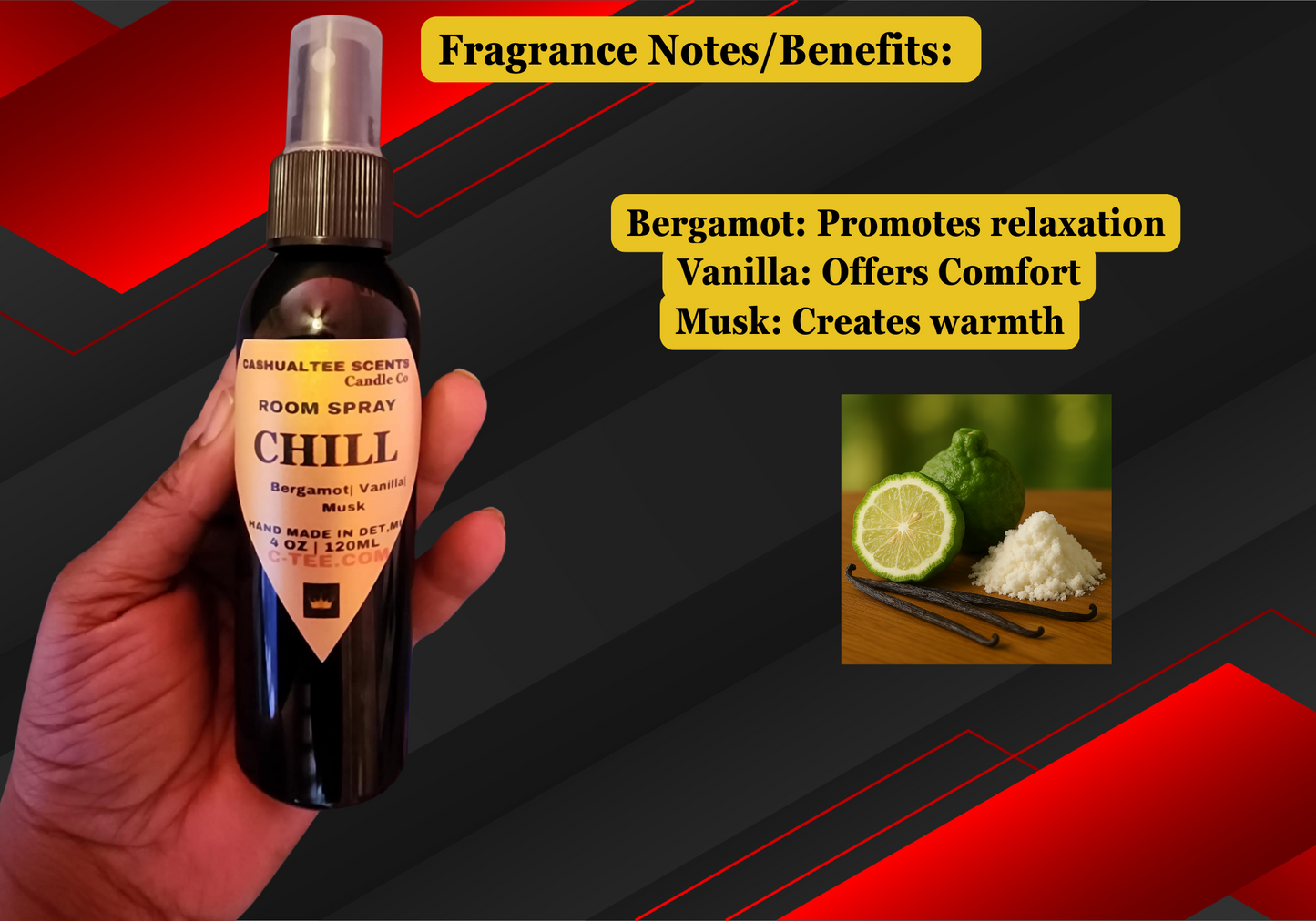 Room spray bottle labeled 'Chill' held by a hand with fragrance notes displayed.