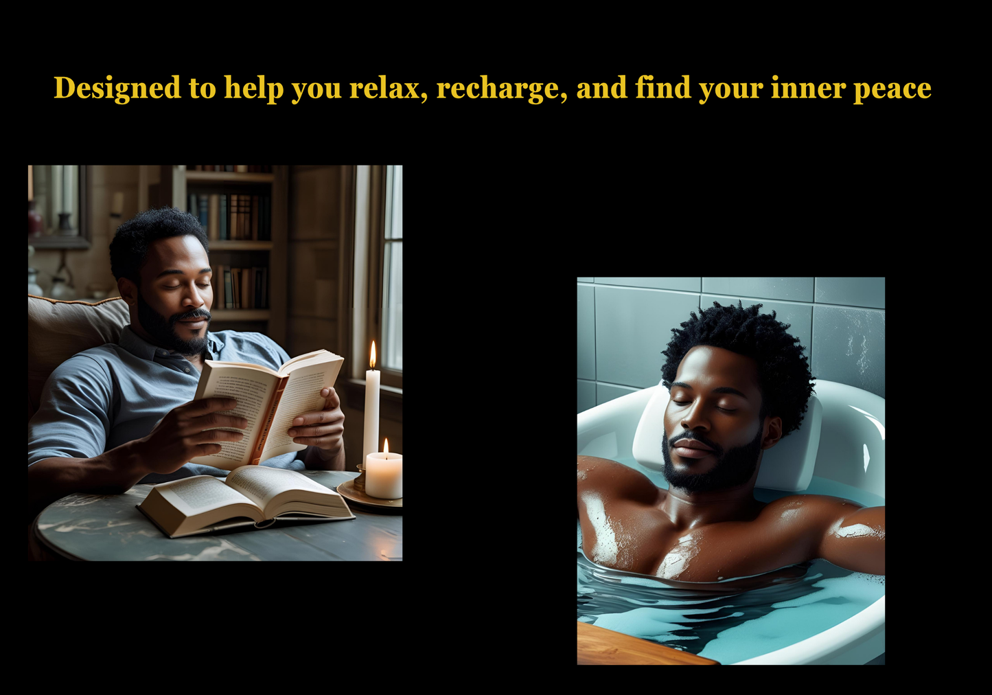 Two images showing a man reading a book and another relaxing in a bath, with text promoting relaxation and inner peace.