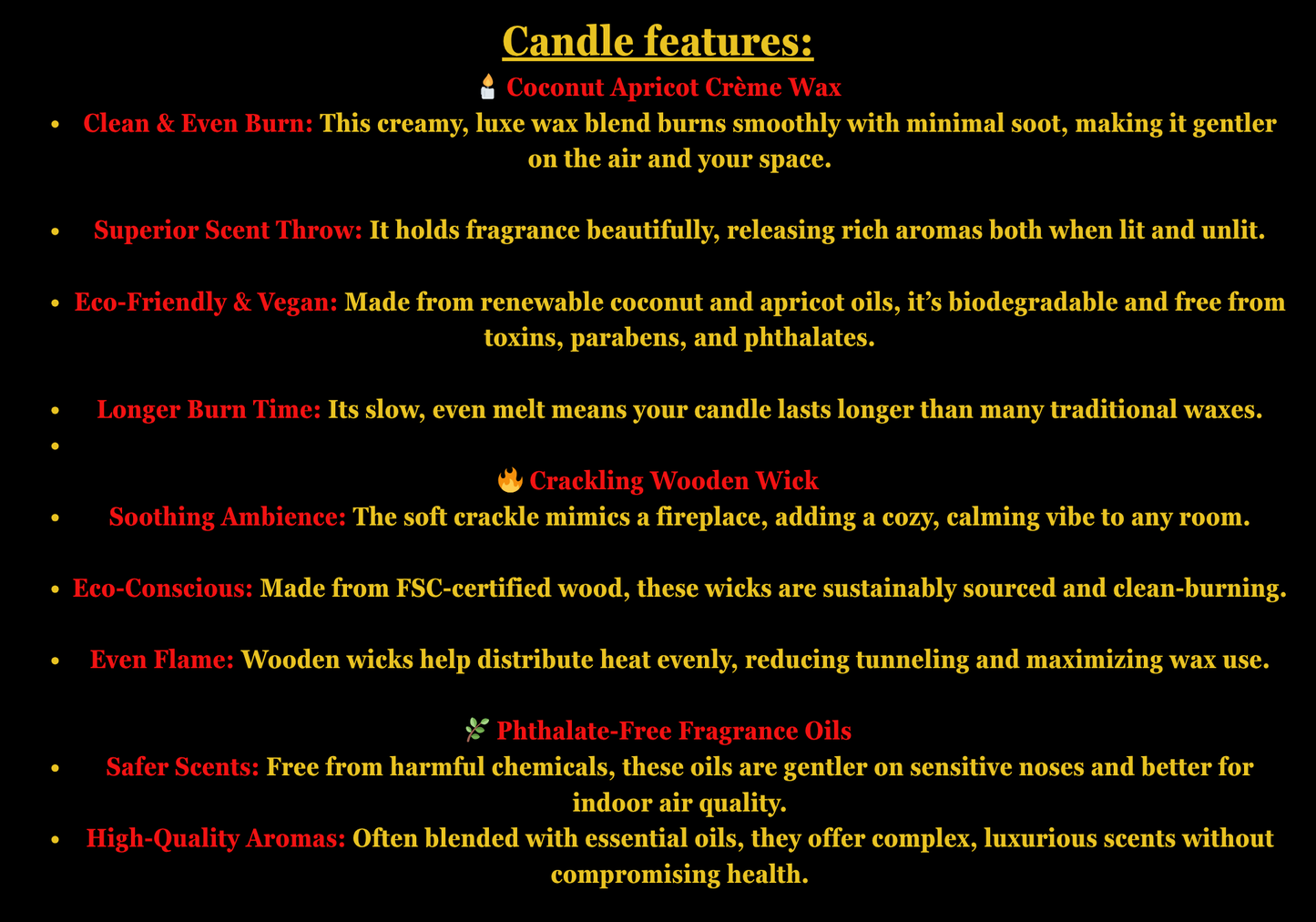 List of candle features with yellow text on a black background