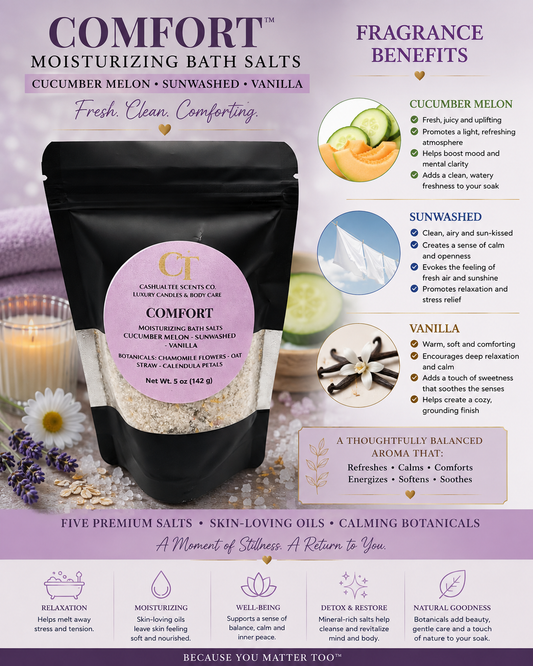 A promotional product graphic for Comfort Moisturizing Bath Salts showing a black resealable pouch of Cucumber Melon, Sunwashed, Vanilla bath salts. The design includes large text blocks describing fragrance benefits, ingredient imagery (cucumber slices, lavender buds, vanilla bean), and benefit callouts on a white background with purple and lavender accents.