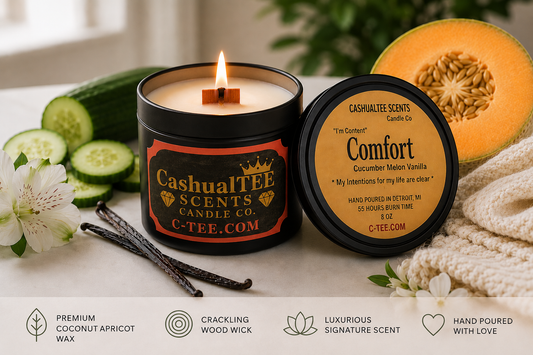 A lit candle in a black metal tin with the lid placed beside it on a tabletop. The label reads 'CashualTEE SCENTS CANDLE CO' and 'Comfort', with scent notes including cucumber, mason vanilla, and apricot.