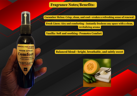 Room spray bottle labeled 'Comfort' held by a hand with fragrance notes and benefits displayed.