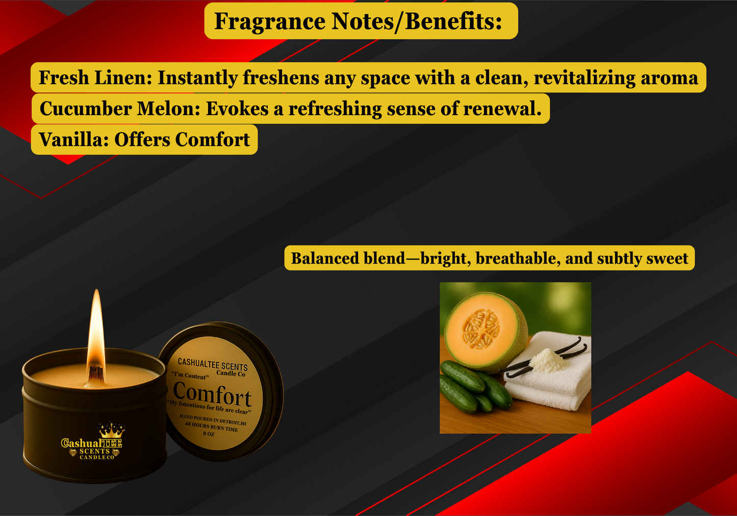 Candle with packaging and fragrance notes on a dark background