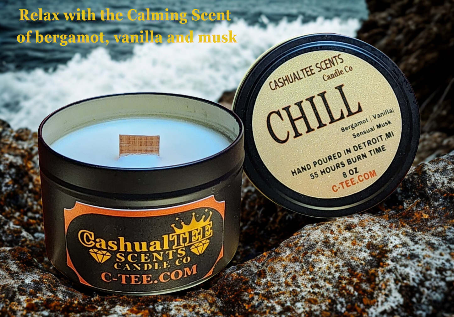 Candle with 'Chill' scent packaging on a natural background