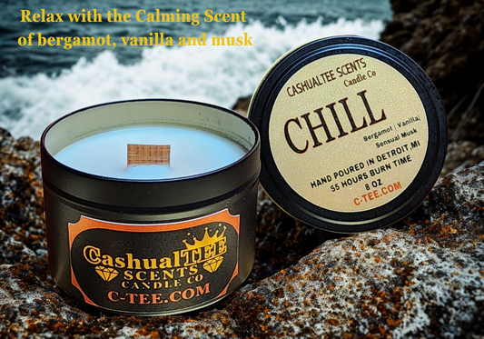 Candle with 'Chill' scent packaging on a natural background