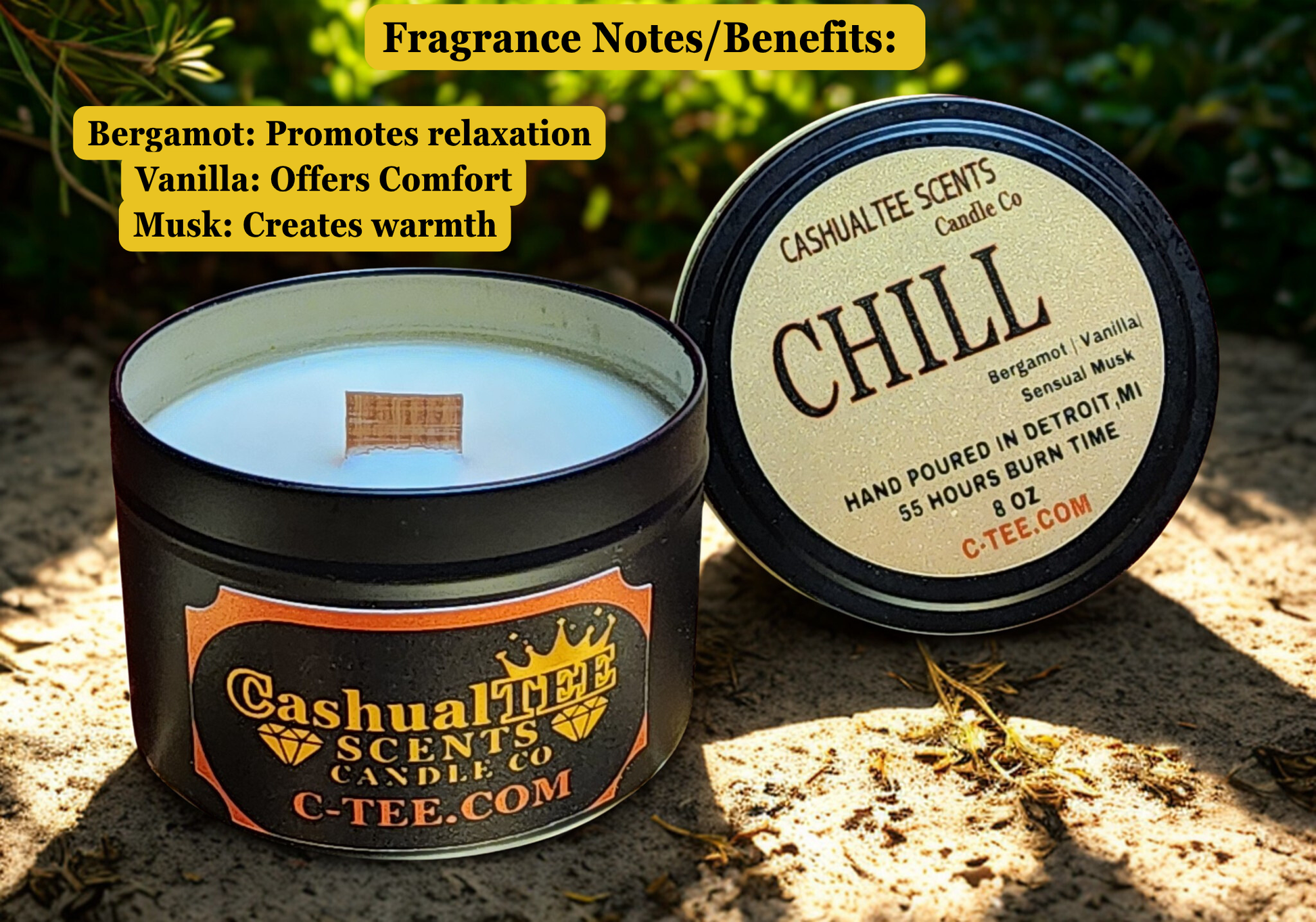 Candle with 'Chill' fragrance notes and Cashual Tee Scents branding on a natural background.