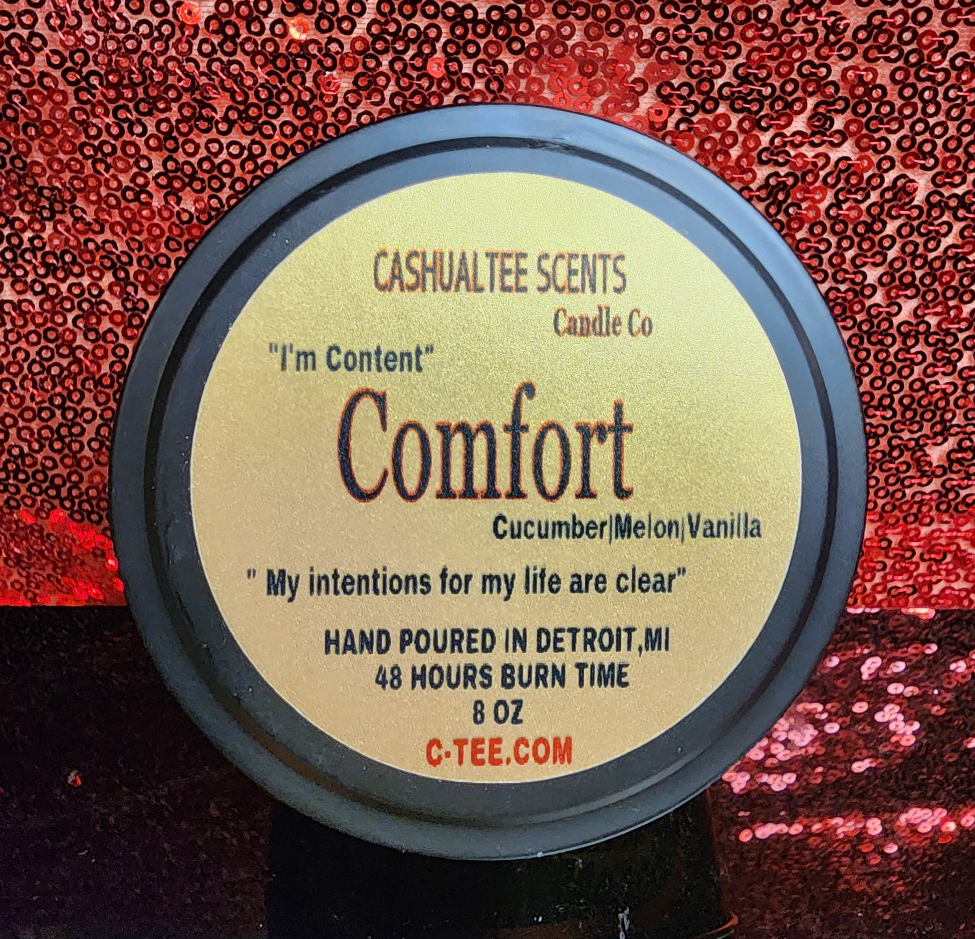 Comfort candle with cucumber melon and vanilla scent, labeled “I’m Content,” hand-poured in Detroit.