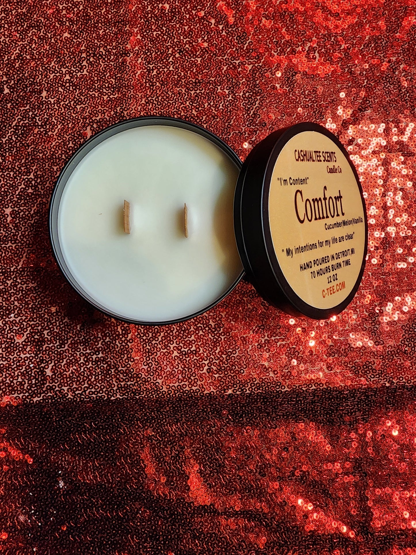 Comfort candle with cucumber melon and vanilla scent, labeled “I’m Content,” hand-poured in Detroit