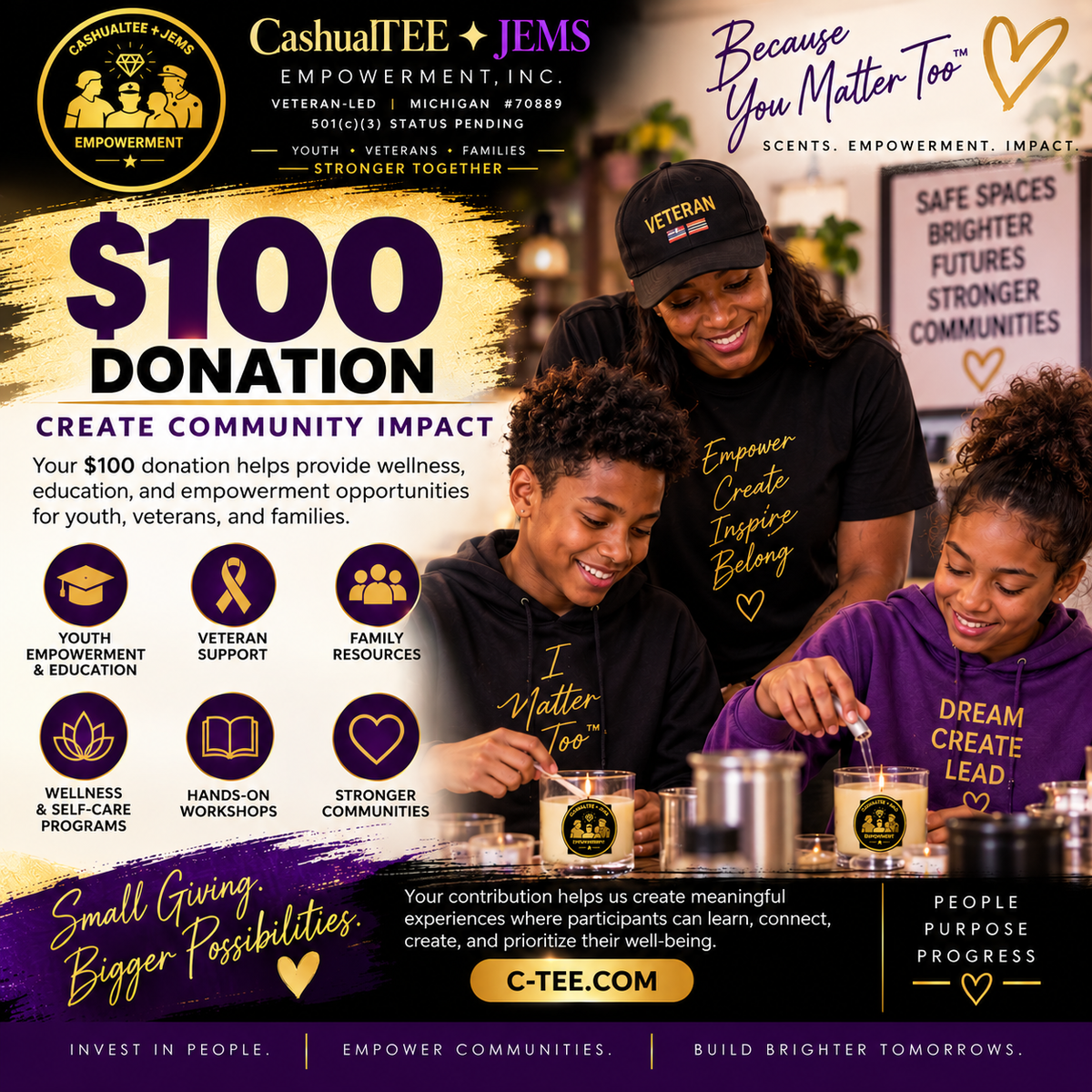 A promotional graphic for a $100 donation to Cashual TEE + JEMS Empowerment, Inc., featuring a family of three smiling and pouring tea at a table with branded cups.