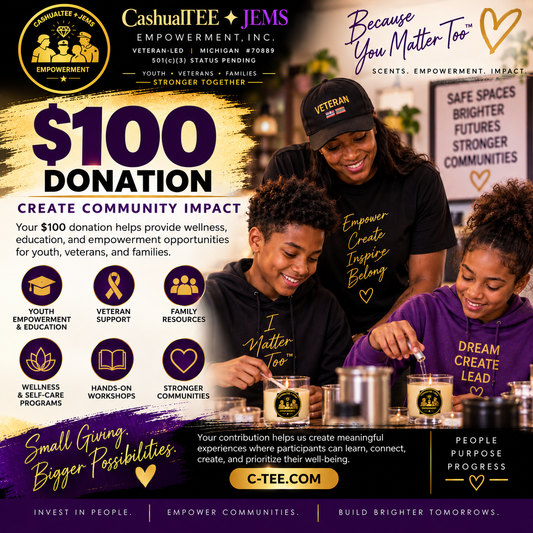 A promotional graphic for a $100 donation to Cashual TEE + JEMS Empowerment, Inc., featuring a family of three smiling and pouring tea at a table with branded cups.