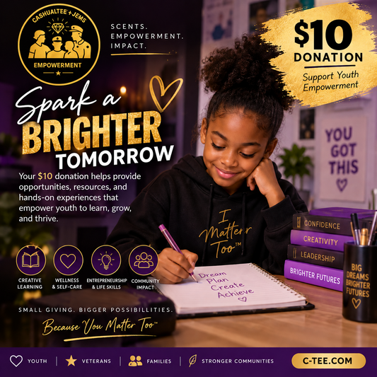 A promotional graphic for a C-TEEEE $10 donation to Cashmere K-Tees, featuring a young girl writing in a notebook. The design includes text overlays, icons for creative learning, wellness, and leadership, and a gold badge highlighting the $10 donation.