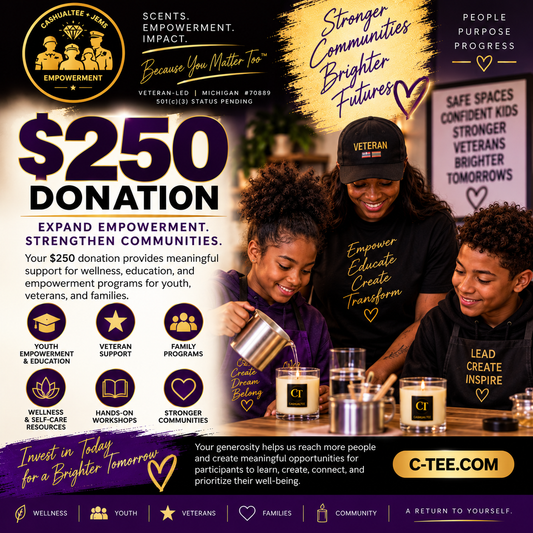 A promotional flyer for a C-Tee.com Veteran-led $250 donation to 'Empowerment.