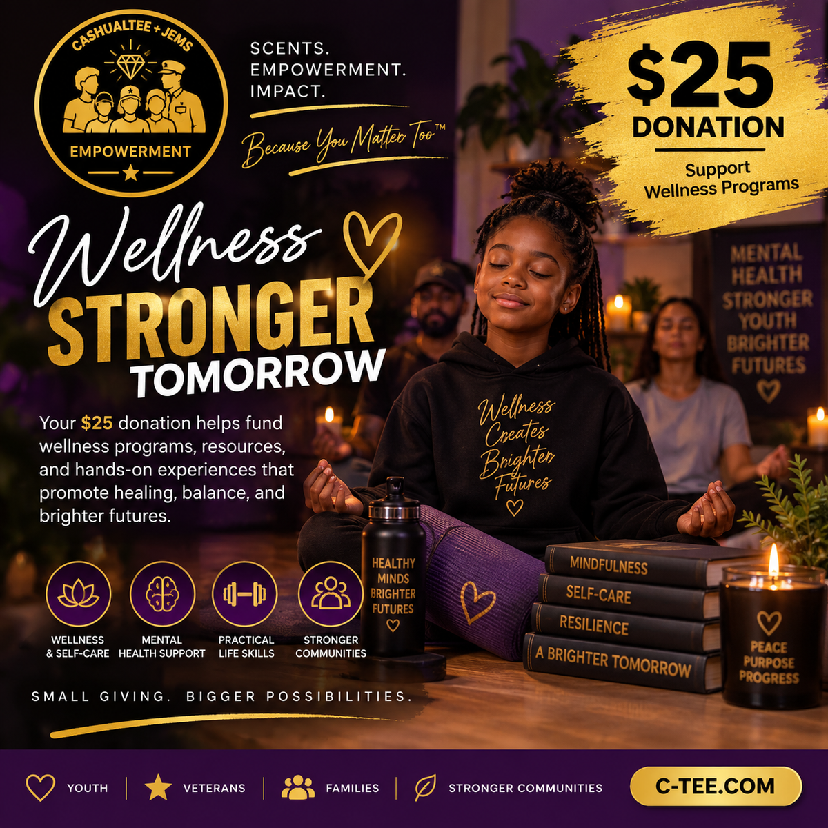 Promotional graphic for a wellness donation program featuring a woman in a black hoodie with gold lettering, seated in a meditation pose with candles and books on a wooden table. The design includes text such as 'Wellness Stronger Tomorrow,' '$25 Donation,' and 'Support Wellness Programs,' along with icons for youth, veterans, families, and stronger communities.