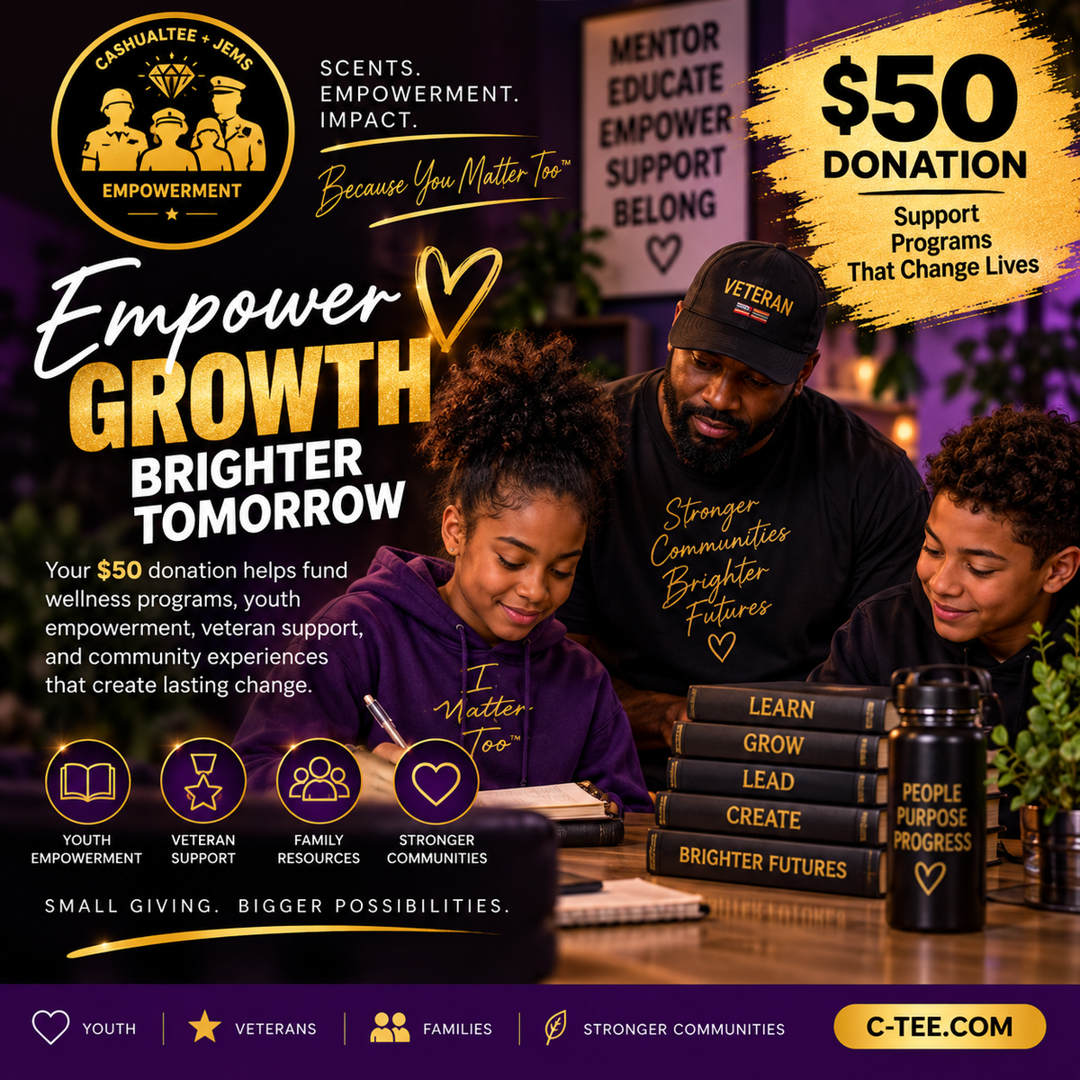 $50 JEMS Empowerment donation supporting youth empowerment, veterans, families, wellness programs, and stronger communities.