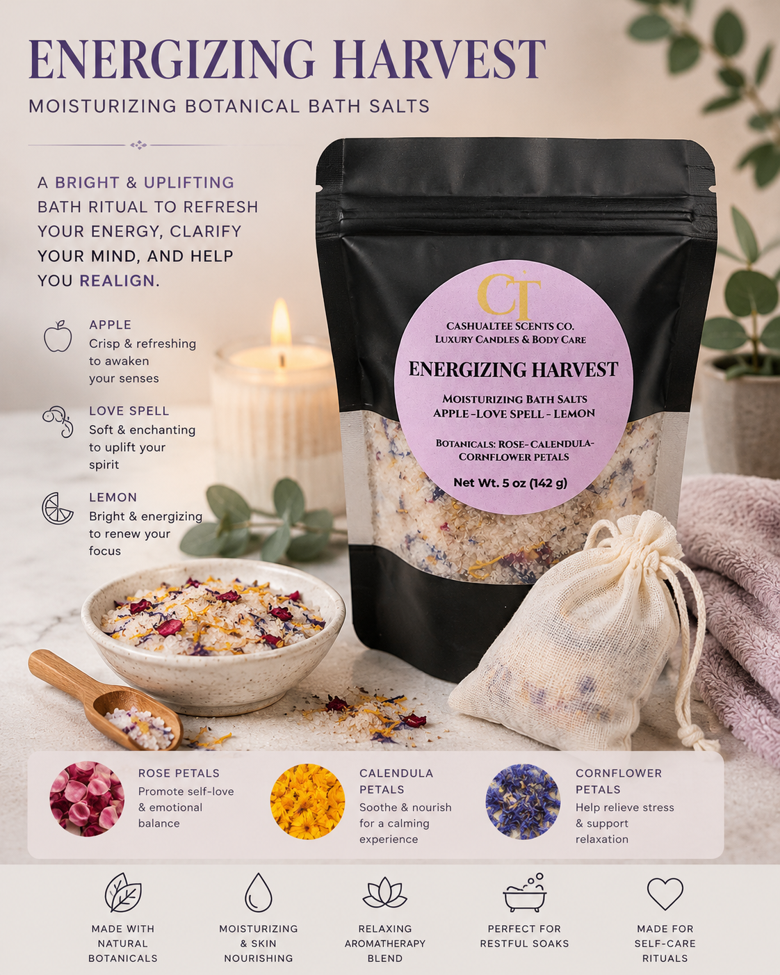 A product listing graphic for 'Energizing Harvest' moisturizing botanical bath salts by Carmerique Apothecary. The central subject is a black resealable pouch with a lavender circular label, set against a styled background of beige linen, a lit candle, and dried rose petals.