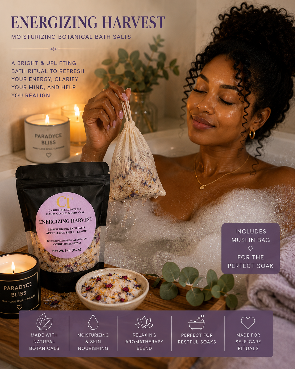 A woman in a bubble bath holds a small muslin bag over a pouch of Energizing Harvest moisturizing botanical bath salts. The scene includes candles, a bowl of bath salts, eucalyptus leaves, and promotional text on a purple background.