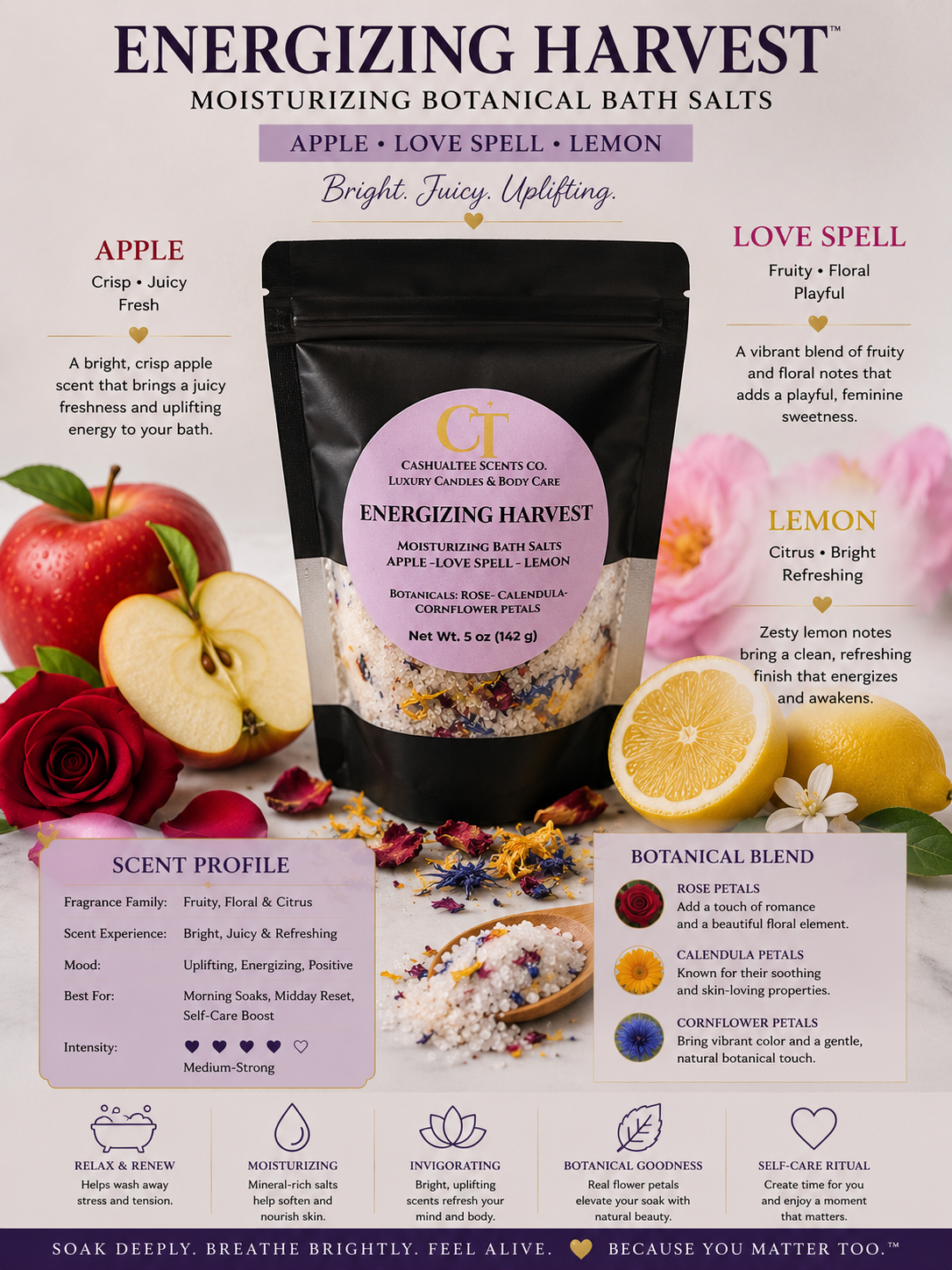 A product infographic for GT Calendars' Botanical Co 'Energing Harvest' moisturizing botanical bath salts. The central subject is a black resealable pouch with a purple label, surrounded by illustrative graphics of red apples, yellow lemon slices, pink flowers, and text detailing the scent profiles, blend ingredients, and usage benefits.