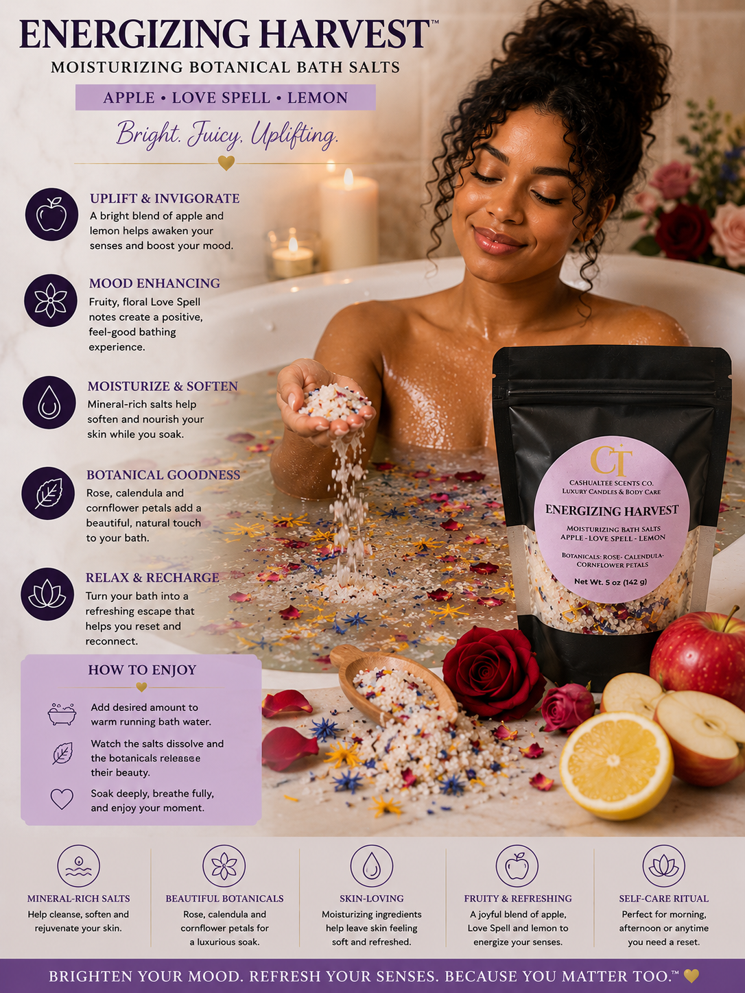 A promotional product graphic for Energizing Harvest Moisturizing Botanical Bath Salts. A woman with bathwater is shown alongside a black pouch of the product, bath salts, flowers, and text describing benefits and how to enjoy the product.