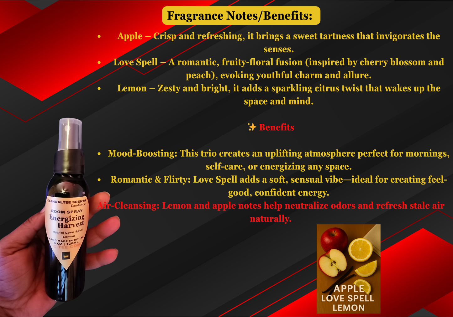 Fragrance spray bottle with fragrance notes and benefits displayed on a colorful background